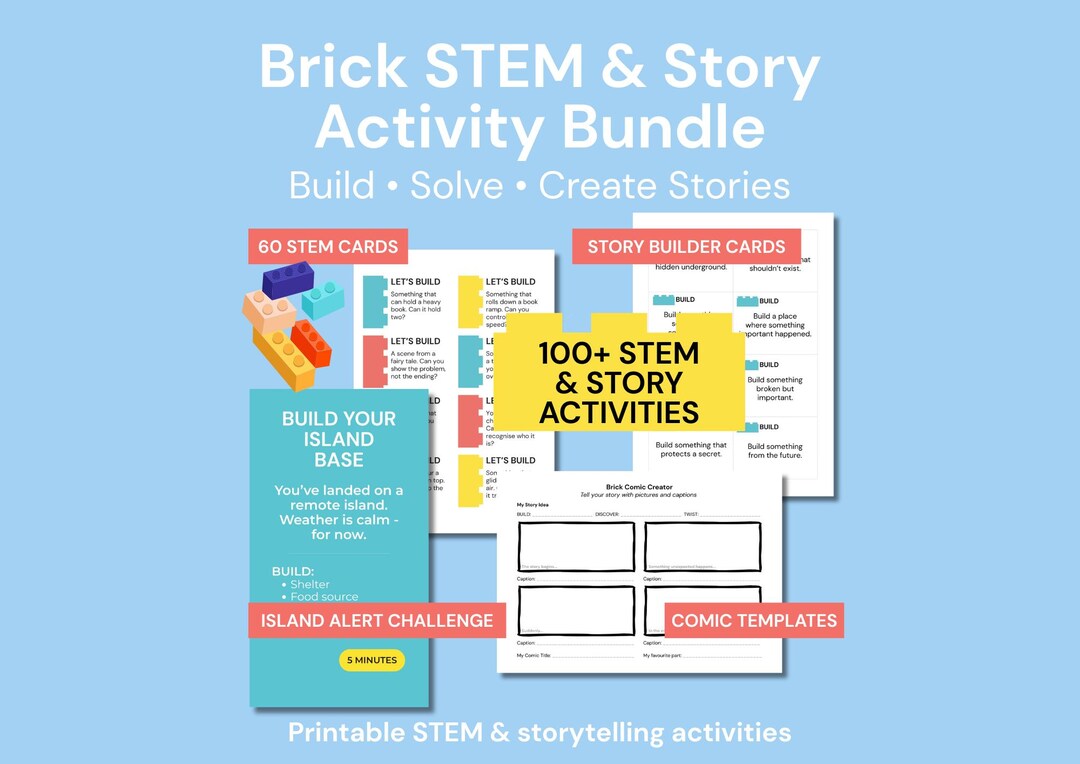 Brick STEM Activities Bundle | Building Challenge Cards & Story Builder ...