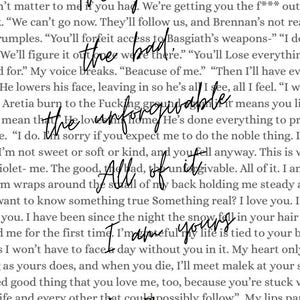 Puede incluir: Una p&aacute;gina de libro con texto manuscrito superpuesto. Las palabras "the good, the bad, the unforgivable, all of it, I'm thankful, yours" est&aacute;n escritas en cursiva. El texto tambi&eacute;n incluye "Iron Flame" y "Chapter 36".
