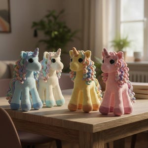 May include: Four crocheted unicorn figures in pastel shades are displayed on a wooden table. Each unicorn has a horn and a mane of rainbow-coloured yarn. The unicorns are light blue, cream, yellow, and pink.