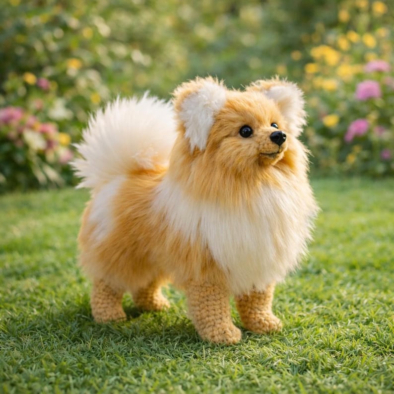 May include: A crocheted Pomeranian dog with a fluffy, two-tone orange and white coat. The dog has a small black nose and eyes, and is standing on green grass. The dog's tail is curled up, and its ears are perked up.