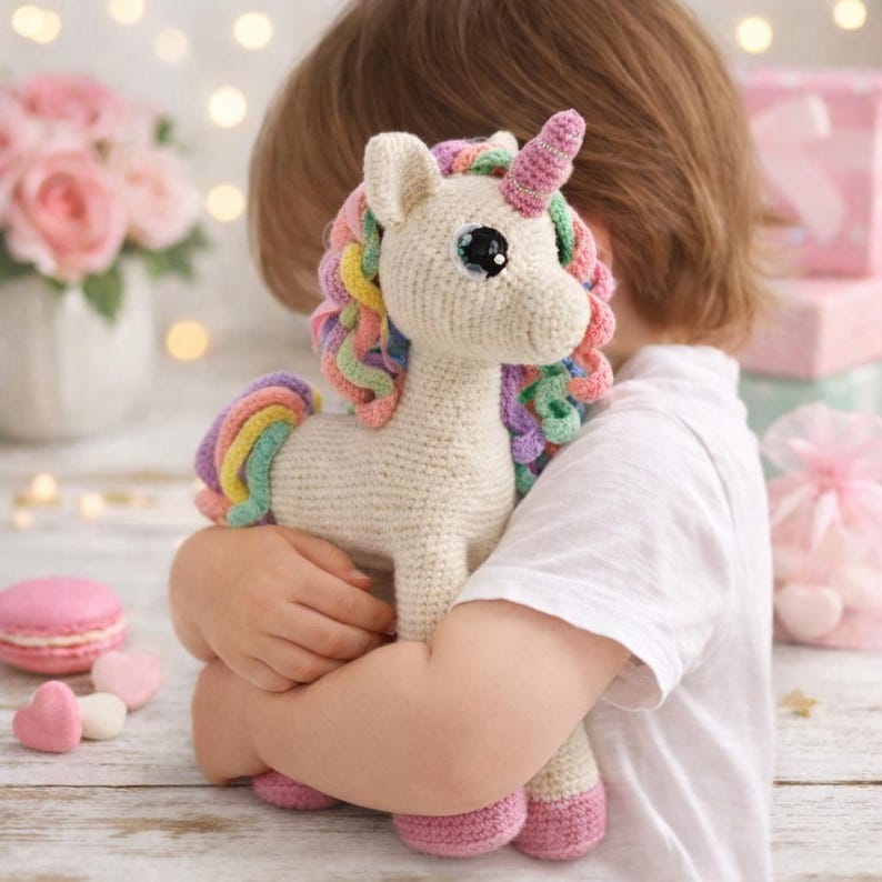 May include: A cream-coloured crocheted unicorn toy with a pink horn and a rainbow mane and tail. The unicorn has large, black eyes and pink hooves. The toy is being held by a person wearing a white t-shirt.