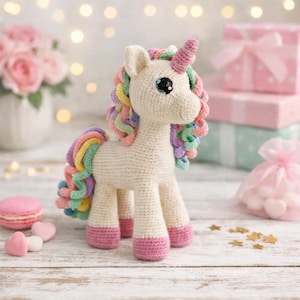 May include: A cream-coloured crocheted unicorn toy with a pink horn, hooves, and a rainbow mane and tail. The toy is displayed on a white wooden surface, with pink and white decorations in the background.