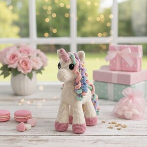 May include: A cream-coloured crocheted unicorn toy with pink hooves and a multicoloured mane and tail. The unicorn has a pink and pastel-coloured horn. The toy is on a wooden surface with pink macarons and a bouquet of pink roses.