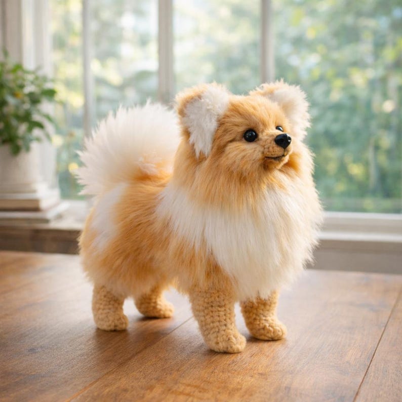 May include: A handmade crochet Pomeranian dog figurine. The dog has a fluffy, two-tone coat in shades of cream and orange, with a white chest and tail. It stands on four crocheted legs, with a black nose and eyes. The dog is posed on a wooden surface.