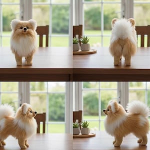 May include: A handmade Pomeranian dog figurine with a fluffy, two-tone coat of cream and tan yarn. The dog has a crocheted body and legs, and is posed on a wooden table. The dog is a decorative item.