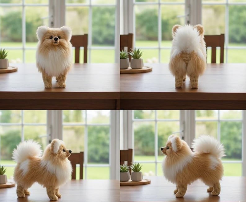 May include: A handmade Pomeranian dog figurine with a fluffy, two-tone coat of cream and tan yarn. The dog has a crocheted body and legs, and is posed on a wooden table. The dog is a decorative item.