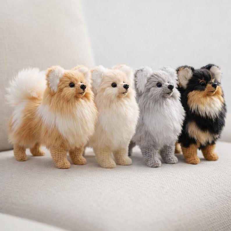 May include: Four handmade Pomeranian dog figurines in various colors: tan, cream, gray, and black with tan markings. Each dog has a fluffy coat and is standing on a neutral-colored surface. The dogs are crafted with detailed features.