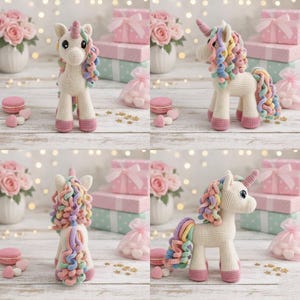 May include: A crocheted unicorn with a cream body, pink hooves, and a rainbow mane and tail. The unicorn has a pink horn and large black eyes. The image shows the unicorn from multiple angles, surrounded by gifts and flowers.