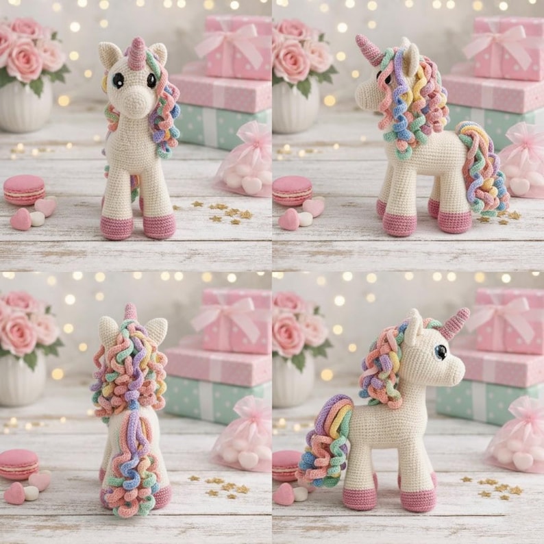 May include: A crocheted unicorn with a cream body, pink hooves, and a rainbow mane and tail. The unicorn has a pink horn and large black eyes. The image shows the unicorn from multiple angles, surrounded by gifts and flowers.