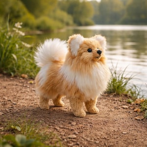 May include: A handmade, plush Pomeranian dog toy with a fluffy, two-tone coat of cream and light brown. The dog has black eyes and a small, black nose. It is standing on a dirt path near a body of water.