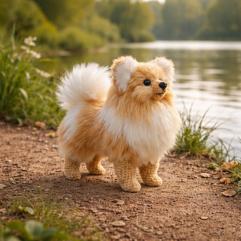 May include: A handmade, plush Pomeranian dog toy with a fluffy, two-tone coat of cream and light brown. The dog has black eyes and a small, black nose. It is standing on a dirt path near a body of water.