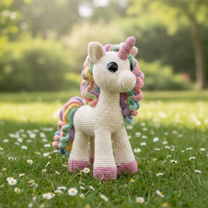 May include: A cream-coloured crocheted unicorn toy with a rainbow mane and tail, and a pink horn. The unicorn has large, black eyes and pink hooves. It stands on green grass with small white flowers.