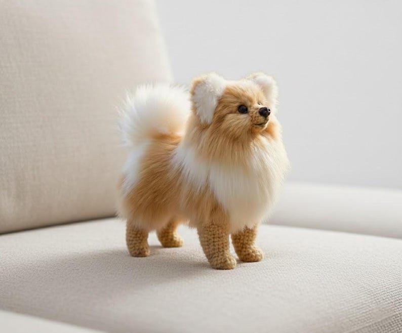 May include: A handmade, plush Pomeranian dog figurine. The dog has a fluffy, two-tone coat of light brown and white, with a matching tail and ears. The dog is standing on a neutral-colored surface, with a crocheted body and legs.