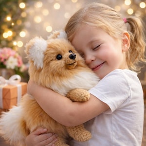 May include: A plush, tan and white Pomeranian dog toy is being hugged by a child. The toy has black eyes and a crocheted body. The child is wearing a white t-shirt and has blonde hair. The background is blurred with bokeh lights.