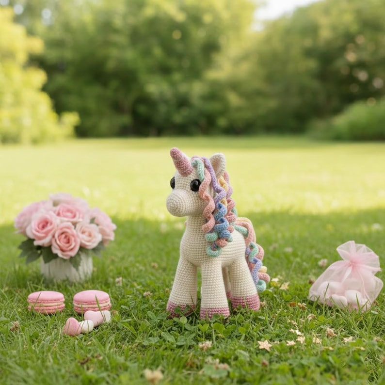 May include: A cream-coloured crocheted unicorn toy with a pastel mane and tail, pink hooves, and a pink and purple horn. The unicorn is on green grass. A bouquet of pink roses and macarons are also in the image.