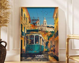 Lisbon Portugal Tram Poster, Alfama District Travel Print, City Wall Art