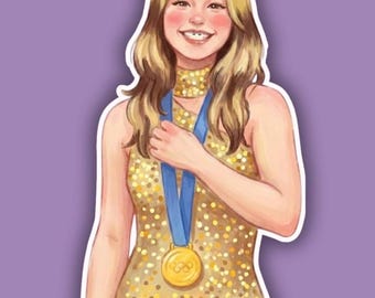 May include: Illustration of a smiling person with blonde hair wearing a gold sequined dress and a blue ribbon with a gold medal. The image has a white border and is set against a purple background.