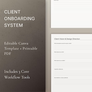 Op de afbeelding: Een digitale sjabloon voor een onboarding-systeem voor klanten met de tekst "CLIENT ONBOARDING SYSTEM". De sjabloon bevat bewerkbare Canva- en afdrukbare PDF-formaten. Het beschikt over drie kernworkflowtools en een ontwerprichtingssectie.