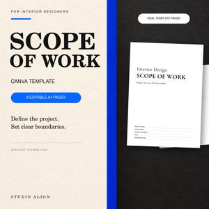 Puede incluir: Una plantilla digital para diseñadores de interiores titulada Scope of Work, con 9 páginas A4 editables. El diseño presenta texto negro sobre un fondo crema con una franja vertical azul, mostrando detalles del proyecto.