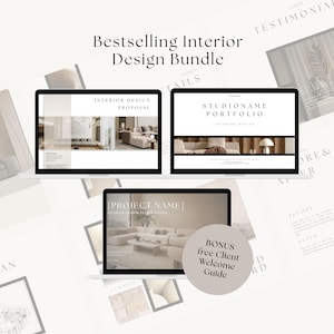 Könnte beinhalten: Ein digitales Paket mit drei Laptop-Bildschirmen, die Innenarchitektur-Vorlagen mit Texten wie Bestselling Interior Design Bundle, Interior Design Proposal, Studioname Portfolio und Project Name sowie ein kreisförmiges Abzeichen mit der Aufschrift BONUS free Client Welcome Guide zeigen.