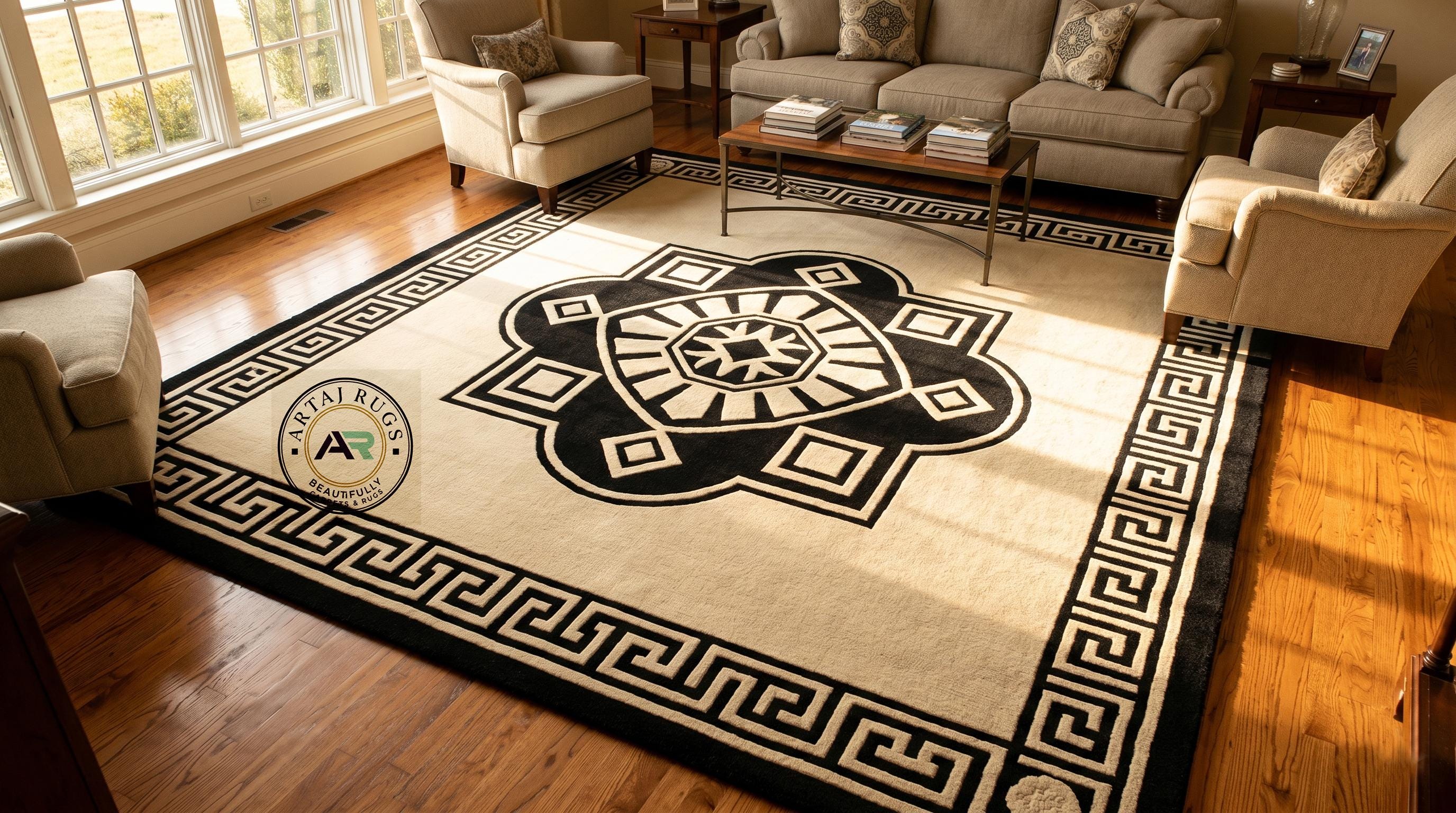 Cream Rug Key Design Hand-tufted Wool Area Rug, Black Cream Geometric Medallion Carpet ...