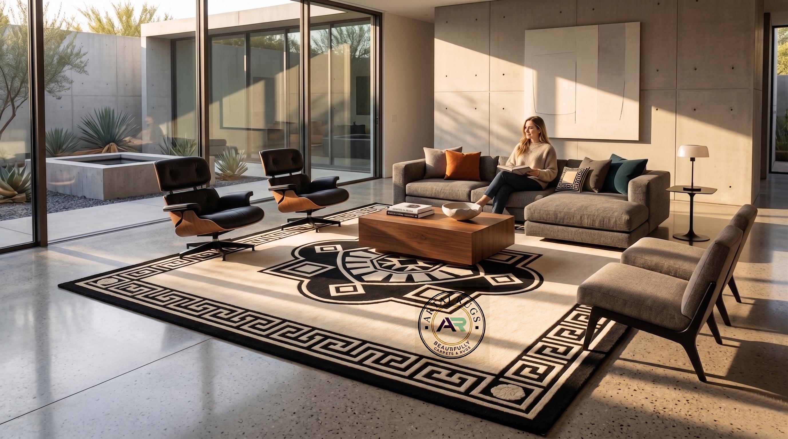 Cream Rug Key Design Hand-tufted Wool Area Rug, Black Cream Geometric Medallion Carpet ...