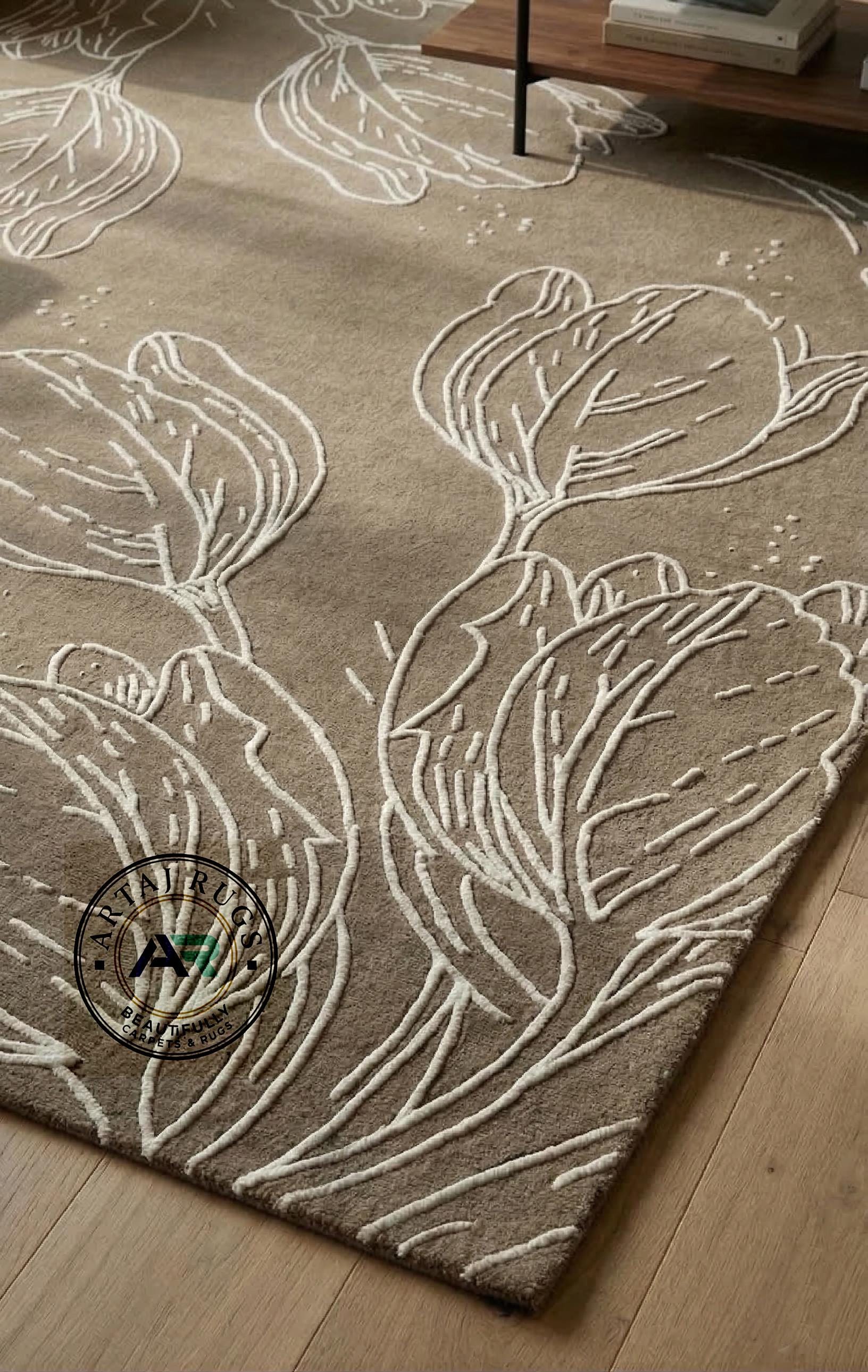 Hand-tufted Beige Floral Outline Carpet, Textured High-low Pile Area ...