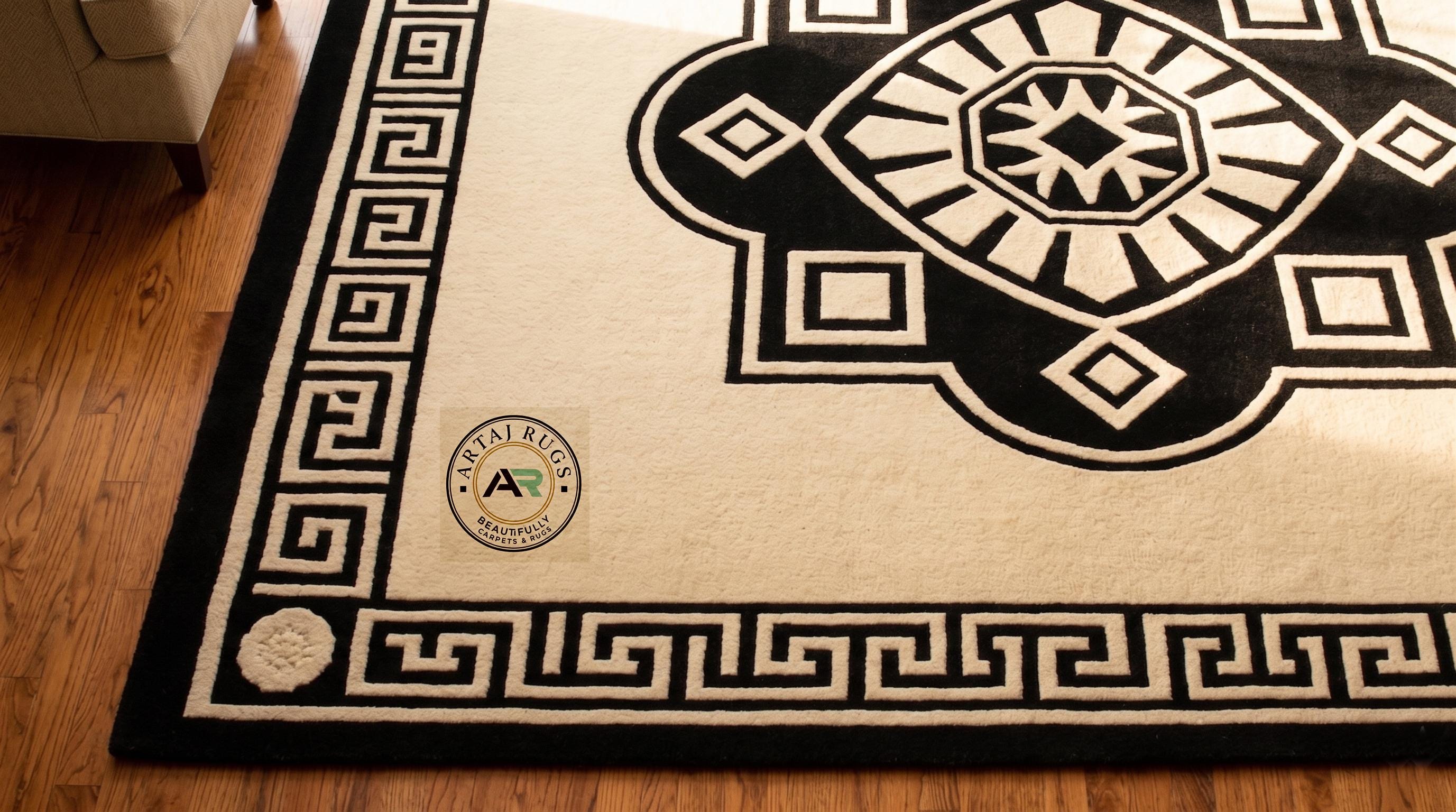 Cream Rug Key Design Hand-tufted Wool Area Rug, Black Cream Geometric Medallion Carpet ...