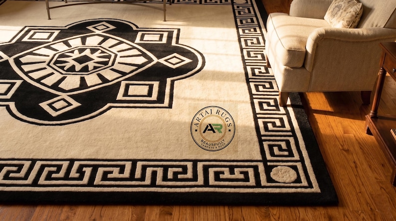 Cream Rug Key Design Hand-tufted Wool Area Rug, Black Cream Geometric Medallion Carpet ...
