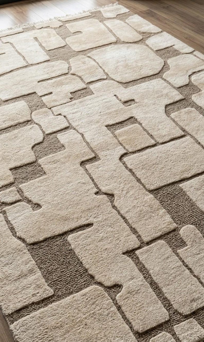 Hand Knotted Abstract Wool Rug, Modern Beige Geometric Area Rug ...
