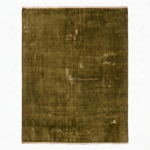May include: A rectangular area rug in a deep olive green hue with a subtle, distressed, and mottled texture throughout the surface. The rug features a short, light-colored fringe along the top and bottom edges, providing a finished look.