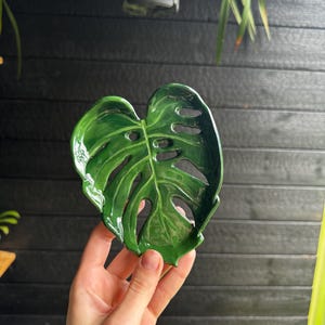 Può includere: Un piatto in ceramica verde scuro lucido a forma di foglia di monstera. Il piatto presenta ritagli e venature realistiche caratteristiche della pianta, con una superficie liscia e riflettente e un bordo leggermente curvo a forma di ciotola.