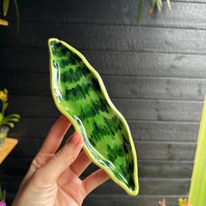 Op de afbeelding: Een keramieken schaal in de vorm van een lang, puntig blad met een glanzende afwerking. Het oppervlak heeft een levendig patroon van donkergroene en lichtgroene strepen, die het uiterlijk van een sansevieria-blad nabootsen, met een lichtgroene rand.