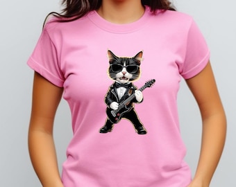 Rock Cat Shirt, Music Lover Tee, Funny Animal Graphic, White Elephant Gift, Party Unisex Shirt