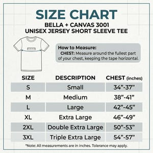 May include: Size chart for Bella + Canvas 3001 unisex jersey short sleeve tee. Includes chest measurements in inches for sizes S to 3XL. Instructions on how to measure chest are also included.
