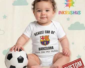 Personalized Newest Fan of Barcelona Baby Bodysuit, Custom Name and Number Barcelona Jersey, Just Like My Daddy Bodysuit, Baby Shower Gift