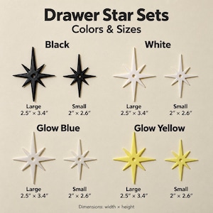 Può includere: Set di stelle per cassetti in nero, bianco, blu luminescente e giallo luminescente. Ogni colore include una stella grande da 6,35 cm per 8,64 cm e una piccola da 5,08 cm per 6,60 cm. Il testo Drawer Star Sets è visibile.