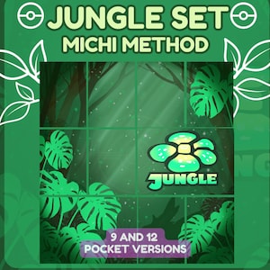 Könnte beinhalten: Eine grüne Grafik mit der Aufschrift JUNGLE SET MICHI METHOD, die ein Raster aus neun Quadraten mit Dschungelmotiv, Monstera-Blättern und einem leuchtenden Blumensymbol mit der Aufschrift JUNGLE zeigt. Unten steht 9 AND 12 POCKET VERSIONS.