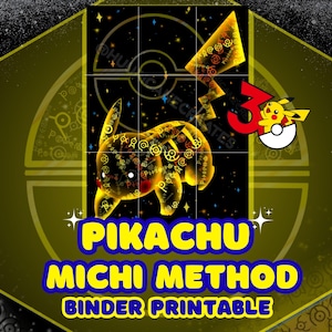 Peut inclure: Une couverture de classeur imprimable numérique présentant une silhouette jaune de Pikachu remplie de petites icônes circulaires sur un fond noir étoilé. Le texte indique PIKACHU MICHI METHOD BINDER PRINTABLE en jaune avec des contours bleus, accompagné d'un petit graphique de Pikachu.