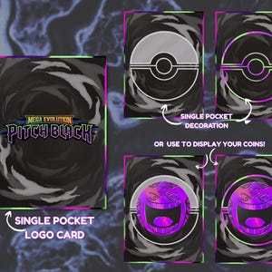 May include: A collection of single pocket cards with a black and gray background. The cards feature a logo with the text "MEGA EVOLUTION PITCH BLACK". Some cards have a white and gray design, while others have a purple and pink design.