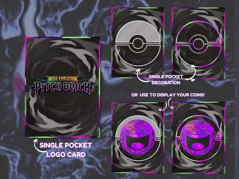 May include: A collection of single pocket cards with a black and gray background. The cards feature a logo with the text "MEGA EVOLUTION PITCH BLACK". Some cards have a white and gray design, while others have a purple and pink design.