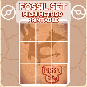 Könnte beinhalten: Eine druckbare Grafik mit dem Titel FOSSIL SET MICHI METHOD PRINTABLE, die ein Raster aus neun Quadraten zeigt. Das Raster enthält die braune Silhouette eines geflügelten Wesens und einen roten FOSSIL-Stempel mit Krallenabdruck.