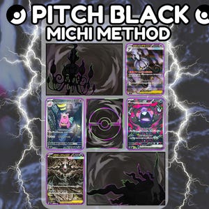 May include: Image featuring six trading cards with various illustrations and Japanese text. The cards are set against a dark background with lightning bolts and the text "PITCH BLACK MICHI METHOD". The cards showcase different characters and designs.