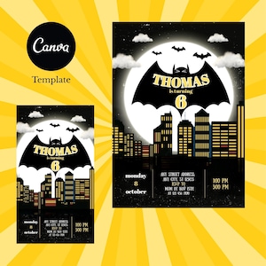 May include: A Batman-themed birthday invitation template. The design features a cityscape silhouette under a full moon, with a bat symbol and the name "Thomas" and the number "6". The invitation includes event details.