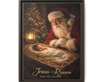 Santa with Baby Jesus framed canvas | Christmas nativity wall art