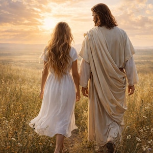 May include: Two figures walk hand-in-hand along a path through a field of wildflowers, bathed in the warm glow of a sunset. One figure wears a white dress, the other a draped garment. The scene evokes a sense of peace and serenity.