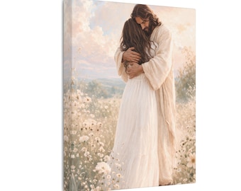 Quadro para o Dia das Mães | Arte cristã para parede, Salvador abraçando uma jovem mulher, cena pastoral suave