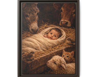 Nativity Baby in Manger Matte Canvas Framed | Christmas Wall Art