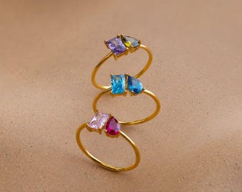 Anel personalizado com pedra de nascimento em ouro | Anel personalizado com pedra de nascimento para mulheres | Anel minimalista empilhável, presente ideal para mãe e namorada