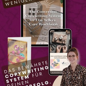 Könnte beinhalten: Werbebild für ein Etsy-Copywriting-System. Es zeigt ein Tablet mit einem Arbeitsbuch, ein Telefon mit einem Paket und eine lächelnde Frau. Der Text enthält "The Conversion Copywriting System for Etsy Sellers" und "Mehr Verkäufe, Weniger Raten."